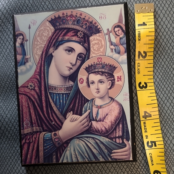 Vintage Blessed Virgin Mary and The Child Jesus Icon Wood Tile on Wood - Picture 6 of 8